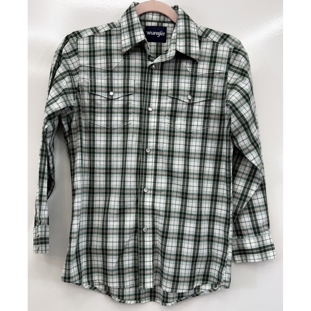 Wrangler Western Shirt Boys Large Green Plaid Long Sleeve Pearl Snap Stretch